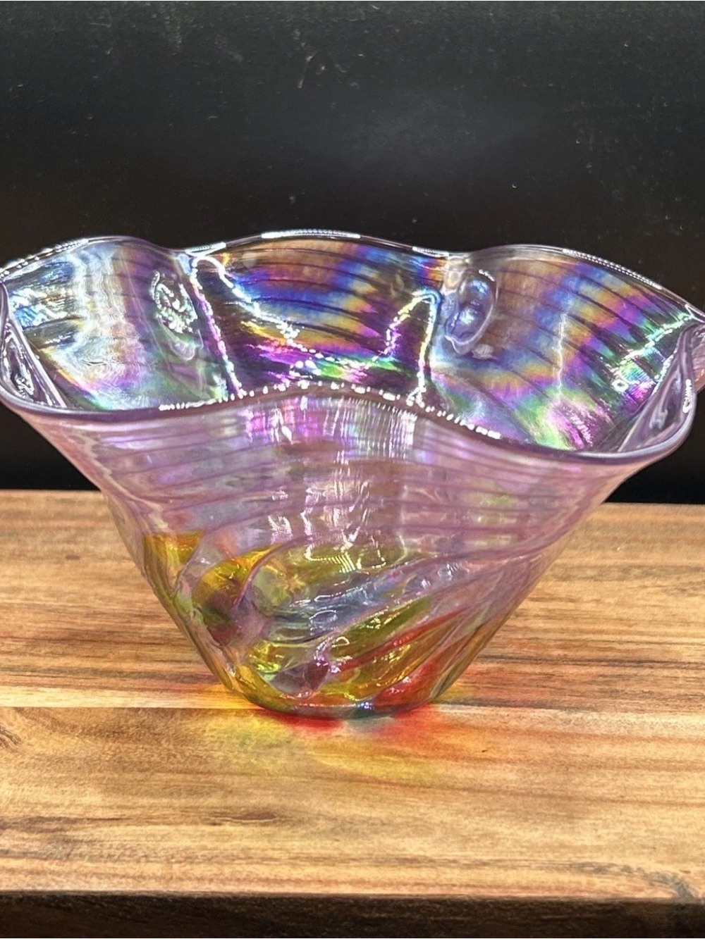Glass Eye Studio Purple Iridescent Swirl & Confetti Ruffle Edge Bowl Handblown